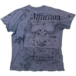 Affliction Grey Distressed Velvet Verbiage House of Jealous Souls Tee Shirt Sz L